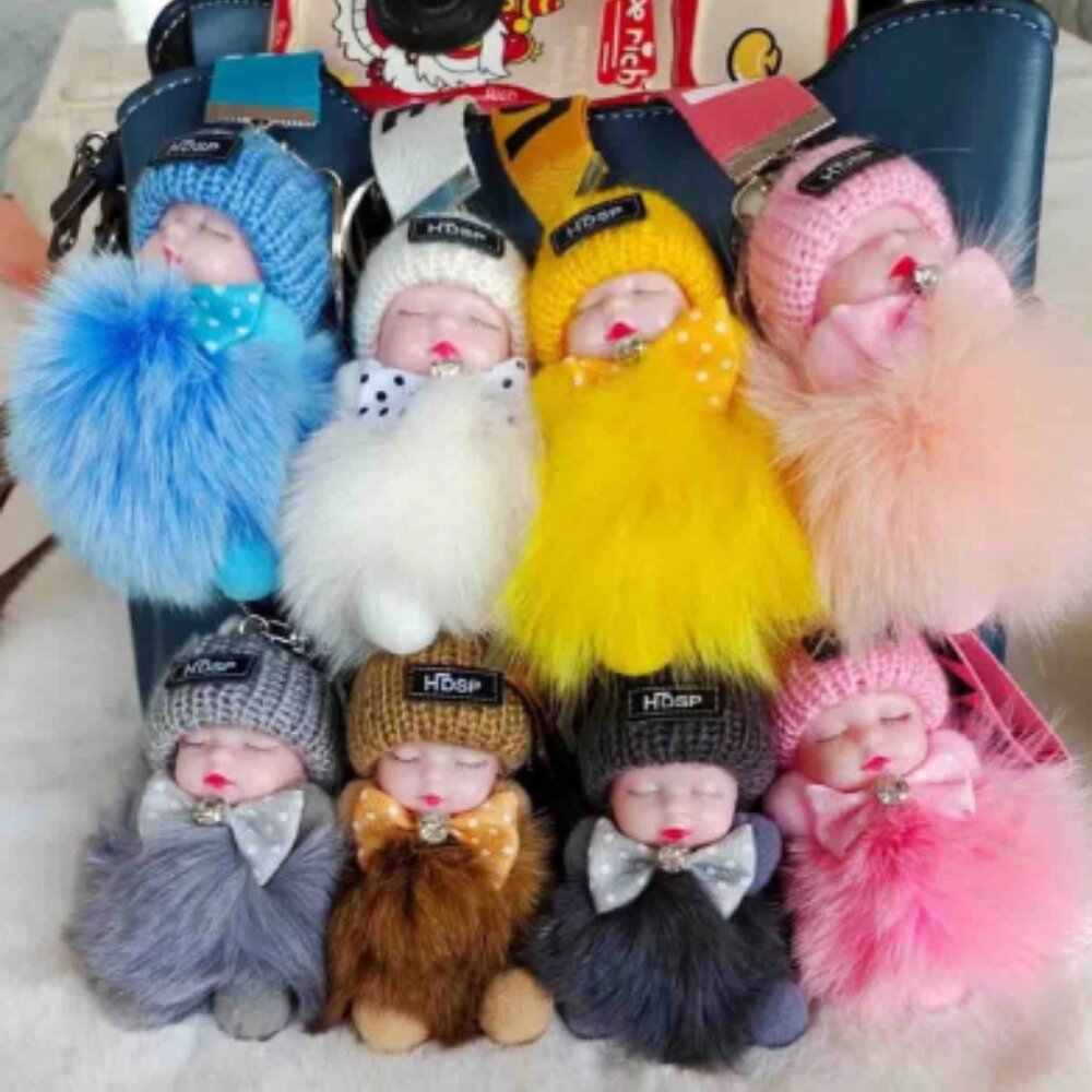 1pc Cartoon Doll Keychain With Real Faux Fur, Alloy Round Shape, Decorative Ladi